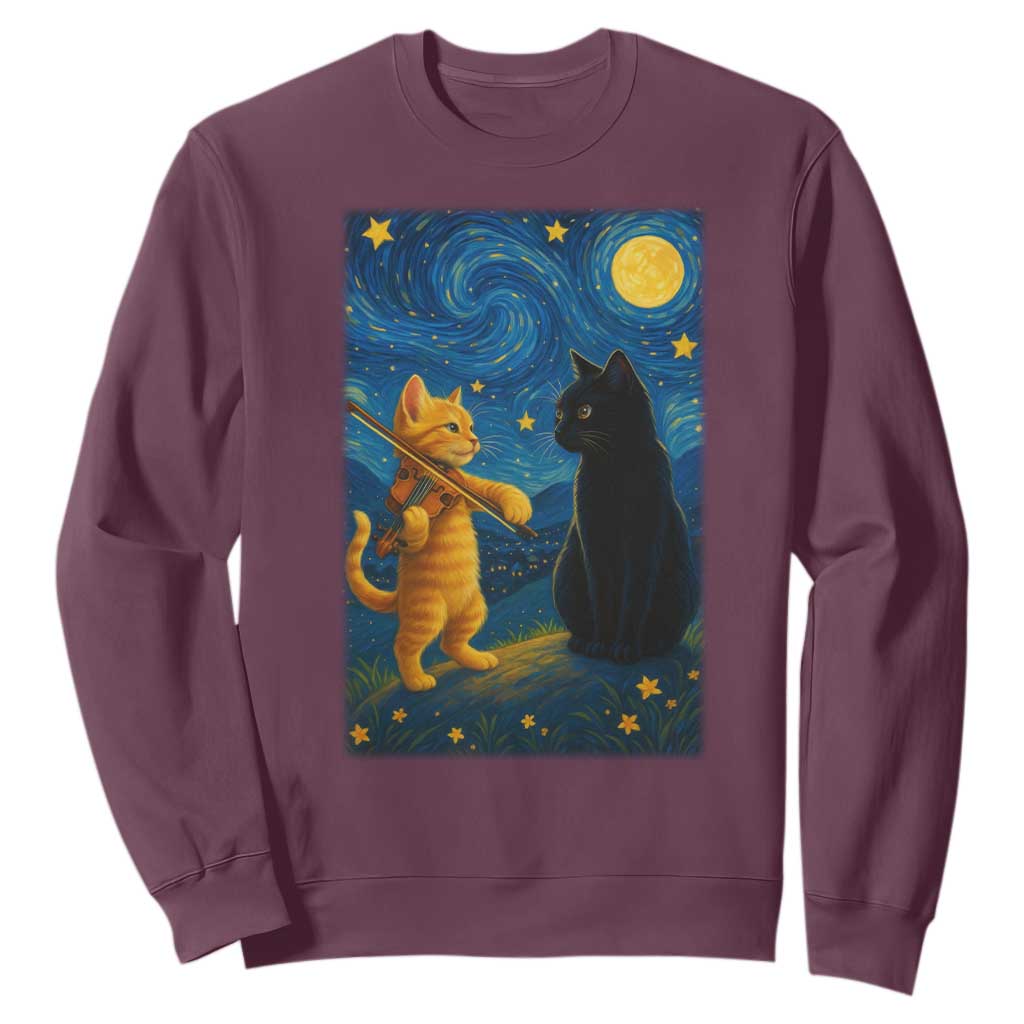 Cat Starry Night Sweatshirt Van Gogh Violin Kitty Lover TS14 Maroon Print Your Wear