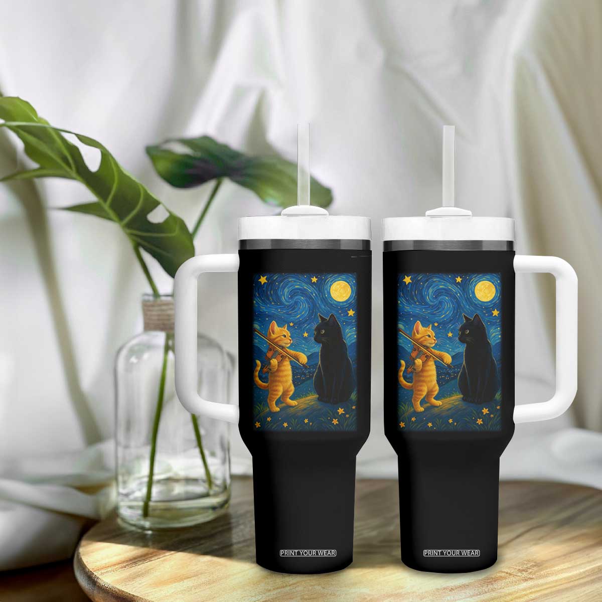 Cat Starry Night Tumbler With Handle Van Gogh Violin Kitty Lover TS14 Print Your Wear