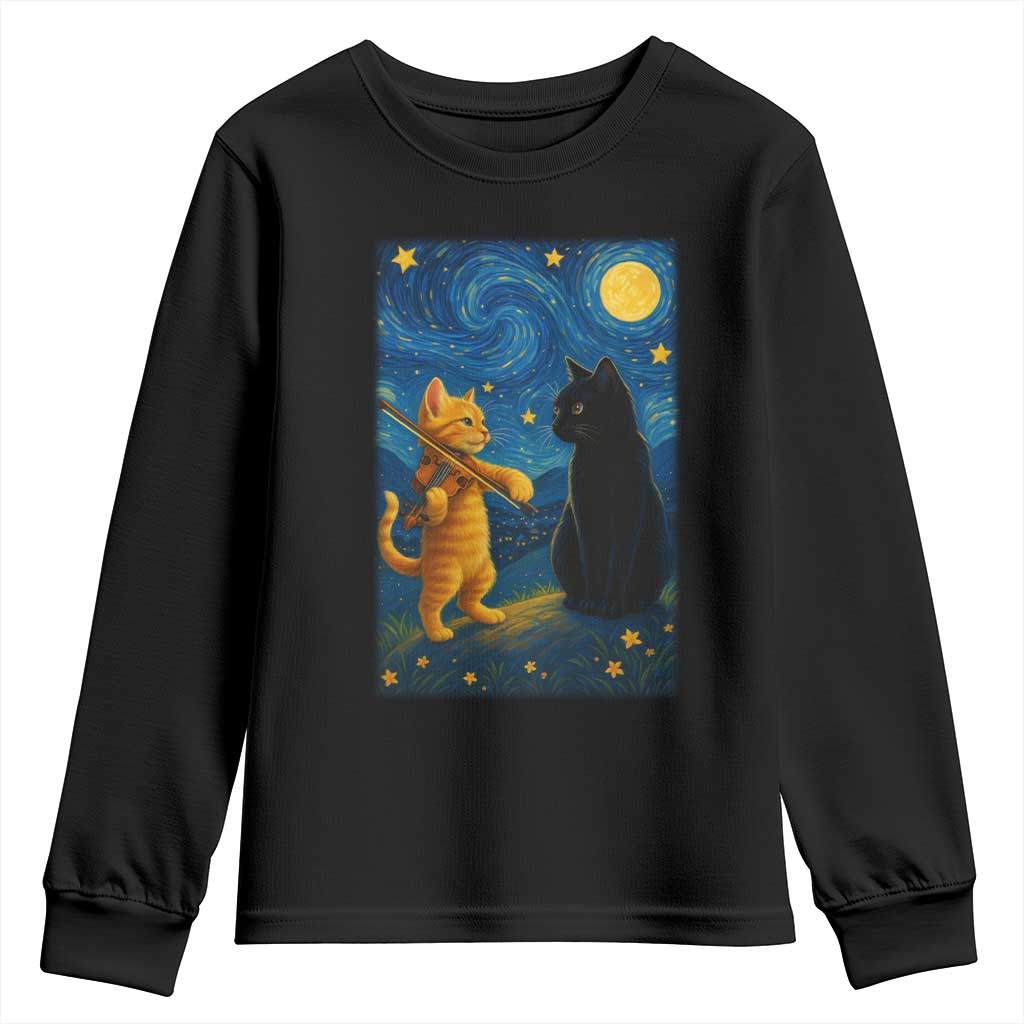 Cat Starry Night Youth Sweatshirt Van Gogh Violin Kitty Lover TS14 Black Print Your Wear