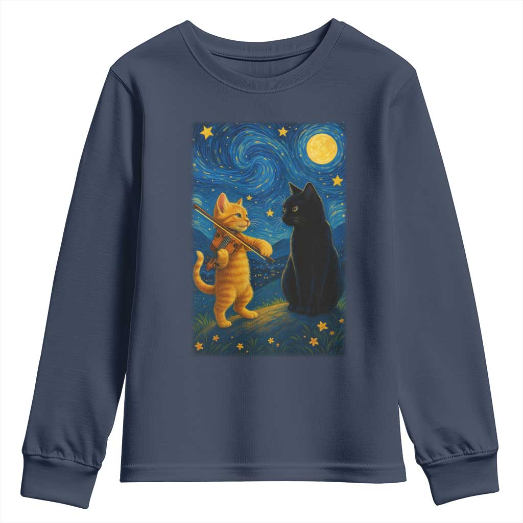 Cat Starry Night Youth Sweatshirt Van Gogh Violin Kitty Lover TS14 Navy Print Your Wear