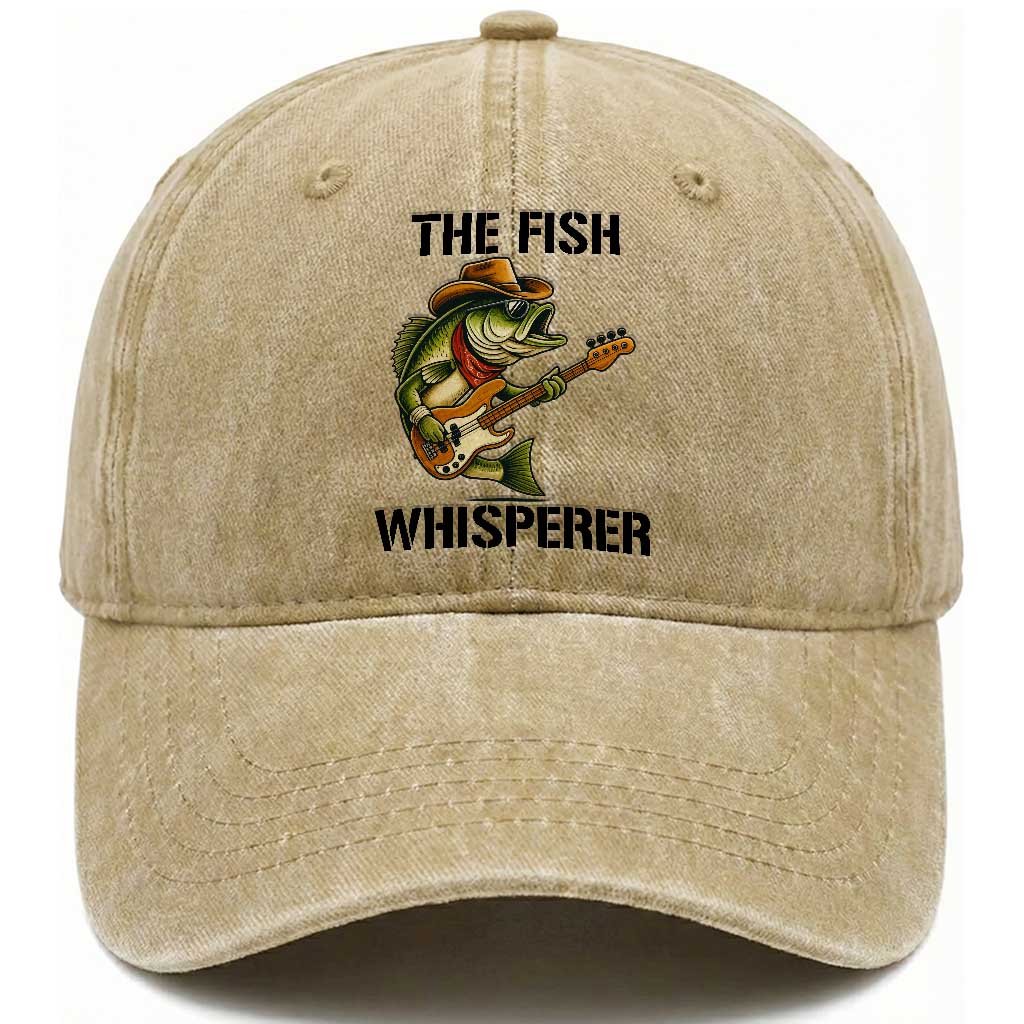 Funny Bass Fishing Washed Cotton Baseball Cap The Fish Whisperer Fisherman Humor TS14 Washed Cap Universal Fit Khaki Print Your Wear