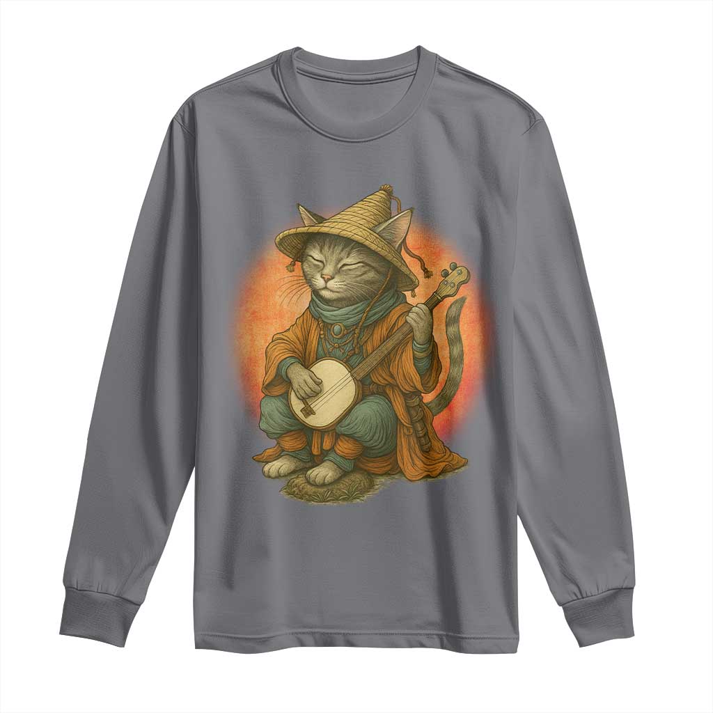 Japanese Samurai Cat Long Sleeve Shirt Retro Cat Playing Shamisen Art TS14 Charcoal Print Your Wear