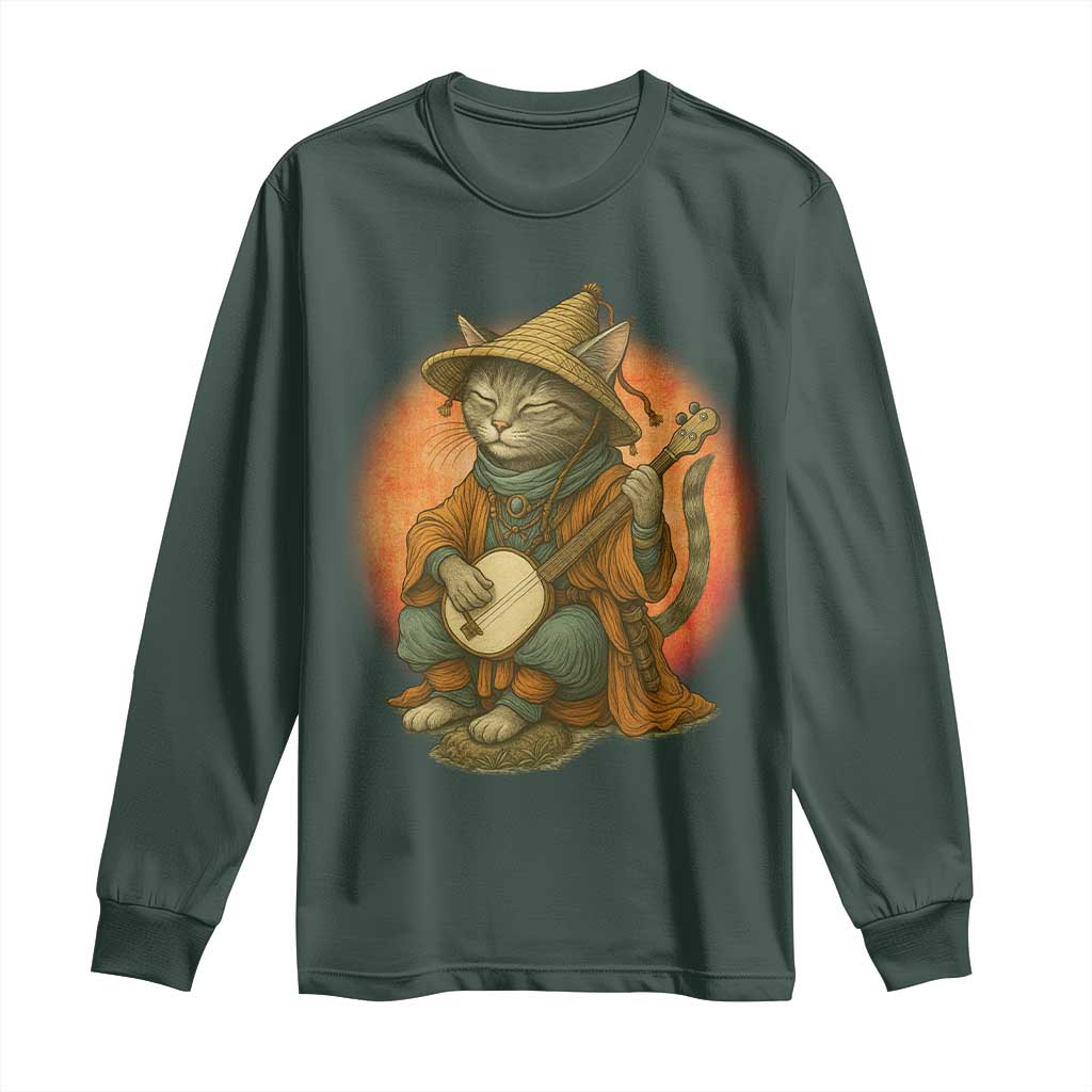 Japanese Samurai Cat Long Sleeve Shirt Retro Cat Playing Shamisen Art TS14 Dark Forest Green Print Your Wear