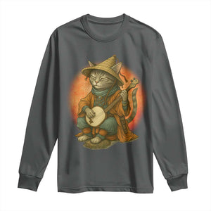 Japanese Samurai Cat Long Sleeve Shirt Retro Cat Playing Shamisen Art TS14 Dark Heather Print Your Wear