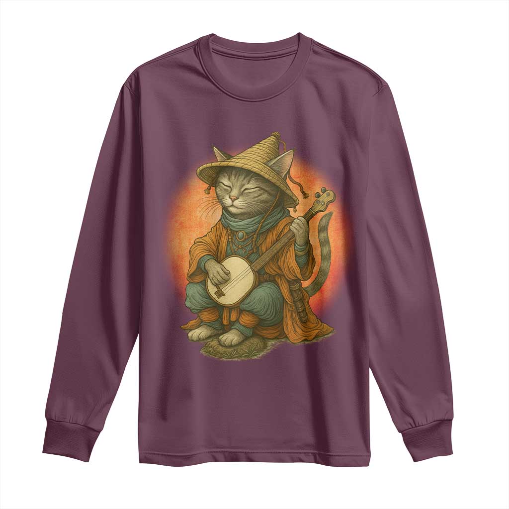 Japanese Samurai Cat Long Sleeve Shirt Retro Cat Playing Shamisen Art TS14 Maroon Print Your Wear