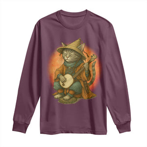 Japanese Samurai Cat Long Sleeve Shirt Retro Cat Playing Shamisen Art TS14 Maroon Print Your Wear