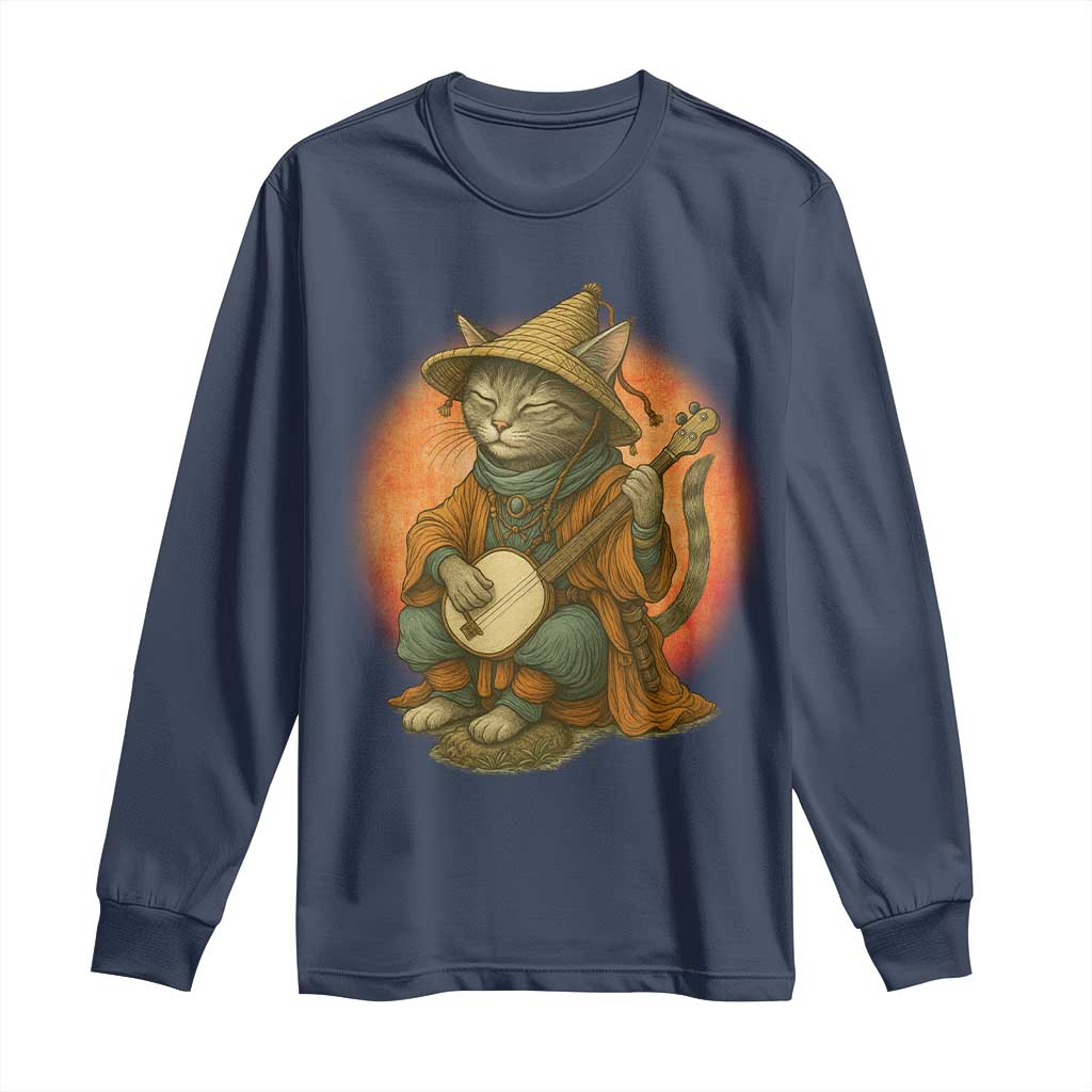 Japanese Samurai Cat Long Sleeve Shirt Retro Cat Playing Shamisen Art TS14 Navy Print Your Wear