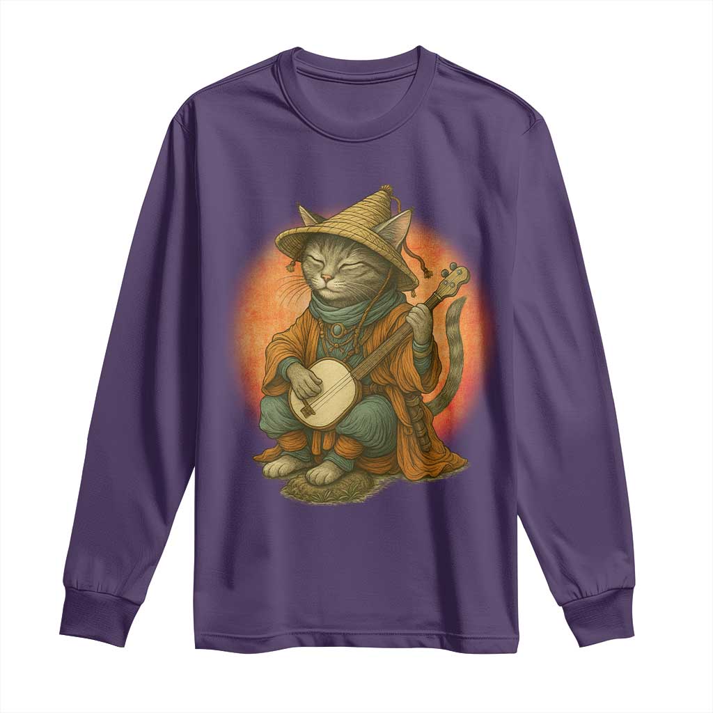 Japanese Samurai Cat Long Sleeve Shirt Retro Cat Playing Shamisen Art TS14 Purple Print Your Wear
