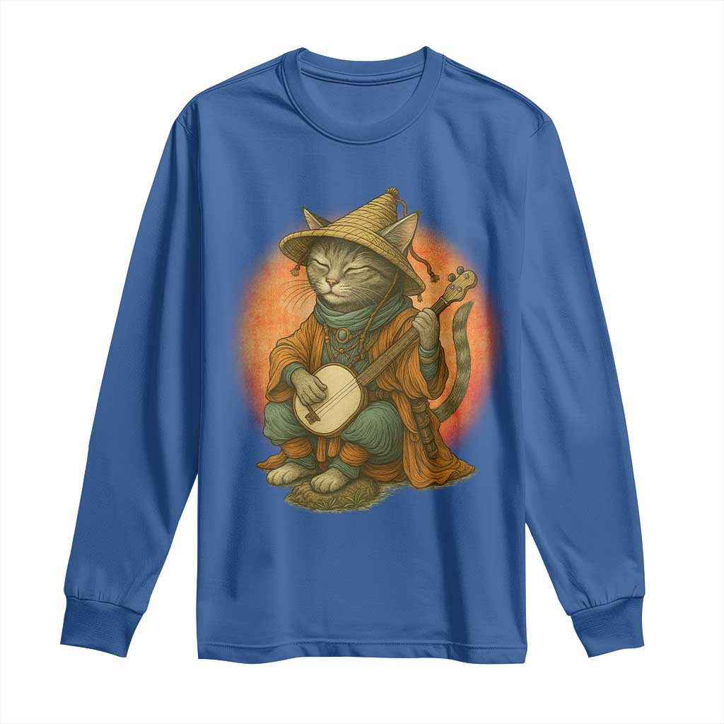 Japanese Samurai Cat Long Sleeve Shirt Retro Cat Playing Shamisen Art TS14 Royal Blue Print Your Wear