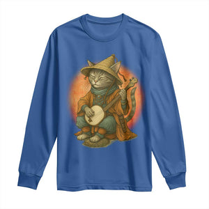 Japanese Samurai Cat Long Sleeve Shirt Retro Cat Playing Shamisen Art TS14 Royal Blue Print Your Wear