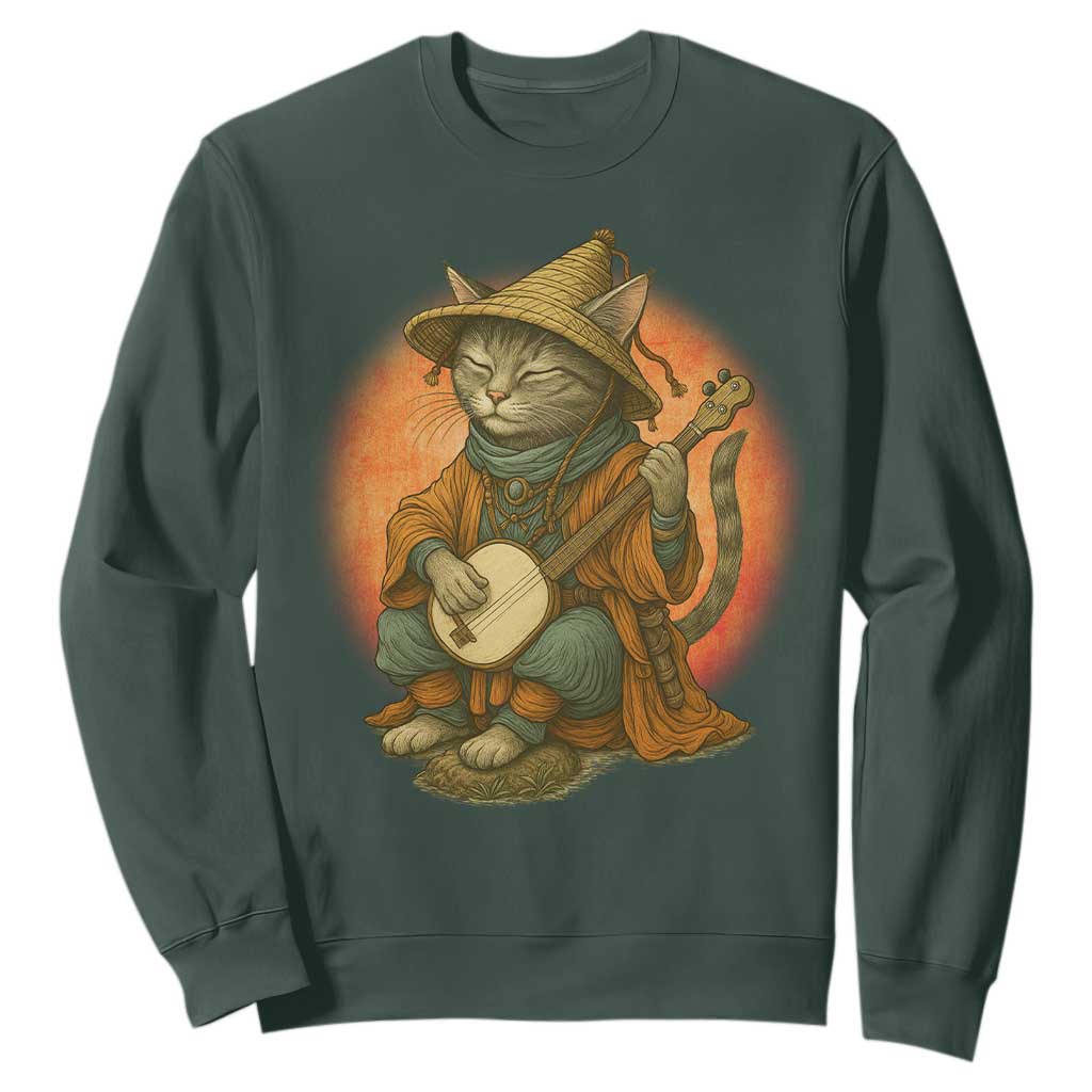 Japanese Samurai Cat Sweatshirt Retro Cat Playing Shamisen Art TS14 Dark Forest Green Print Your Wear