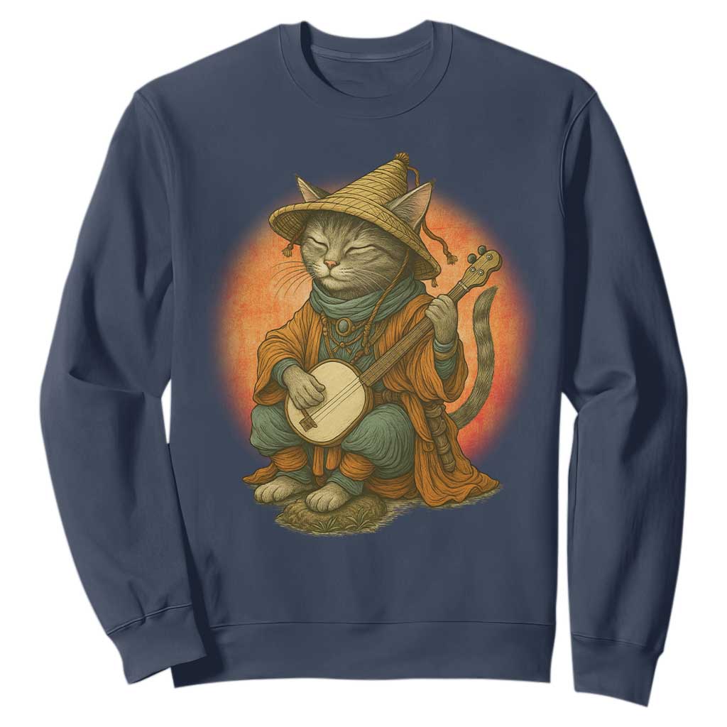 Japanese Samurai Cat Sweatshirt Retro Cat Playing Shamisen Art TS14 Navy Print Your Wear