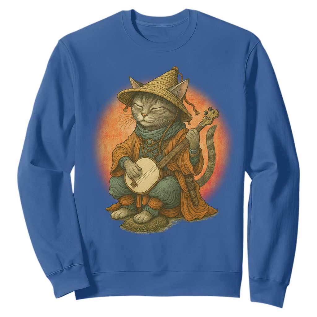 Japanese Samurai Cat Sweatshirt Retro Cat Playing Shamisen Art TS14 Royal Blue Print Your Wear