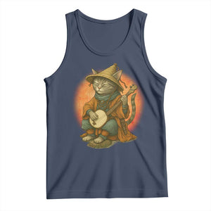 Japanese Samurai Cat Tank Top Retro Cat Playing Shamisen Art TS14 Navy Print Your Wear