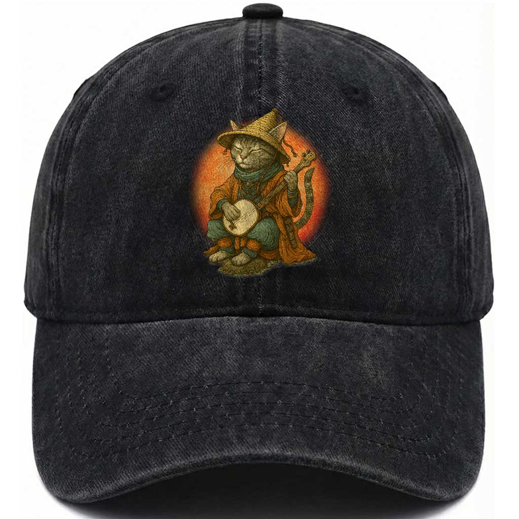 Japanese Samurai Cat Washed Cotton Baseball Cap Retro Cat Playing Shamisen Art TS14 Washed Cap Universal Fit Black Print Your Wear