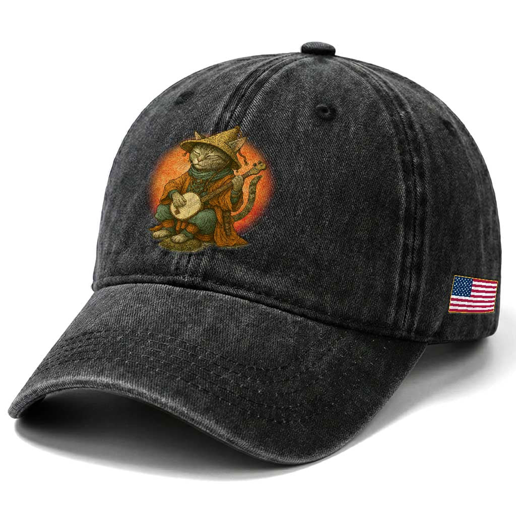 Japanese Samurai Cat Washed Cotton Baseball Cap Retro Cat Playing Shamisen Art TS14 Print Your Wear