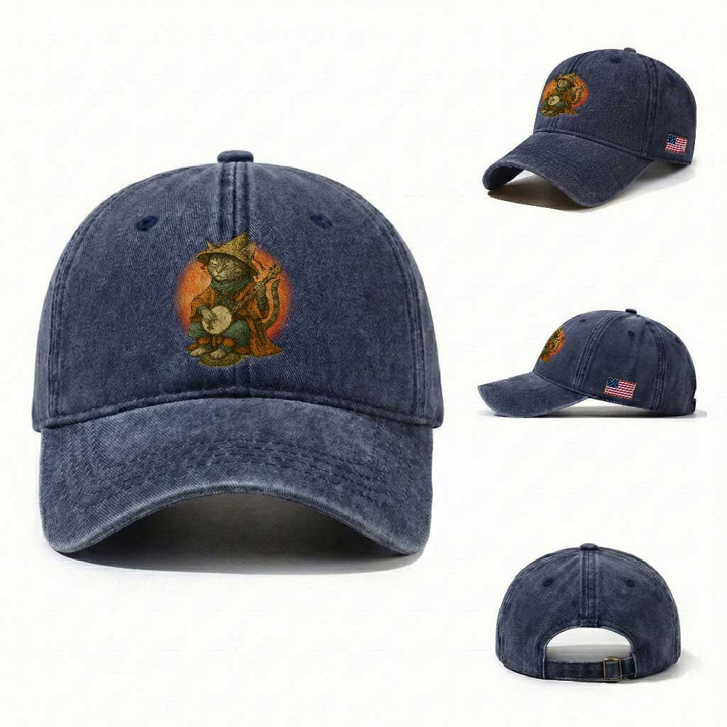 Japanese Samurai Cat Washed Cotton Baseball Cap Retro Cat Playing Shamisen Art TS14 Washed Cap Universal Fit Navy Print Your Wear