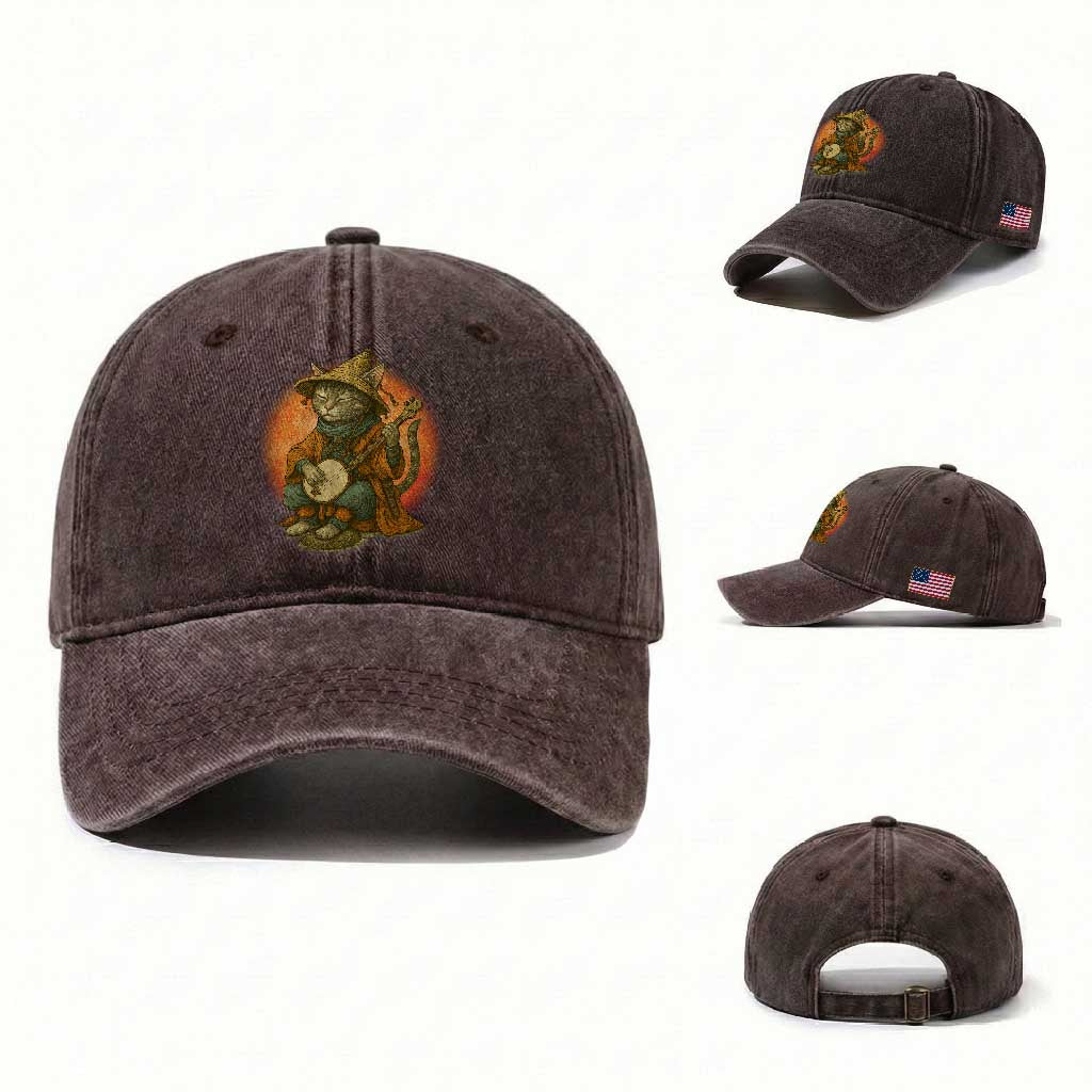 Japanese Samurai Cat Washed Cotton Baseball Cap Retro Cat Playing Shamisen Art TS14 Washed Cap Universal Fit Dark Brown Print Your Wear