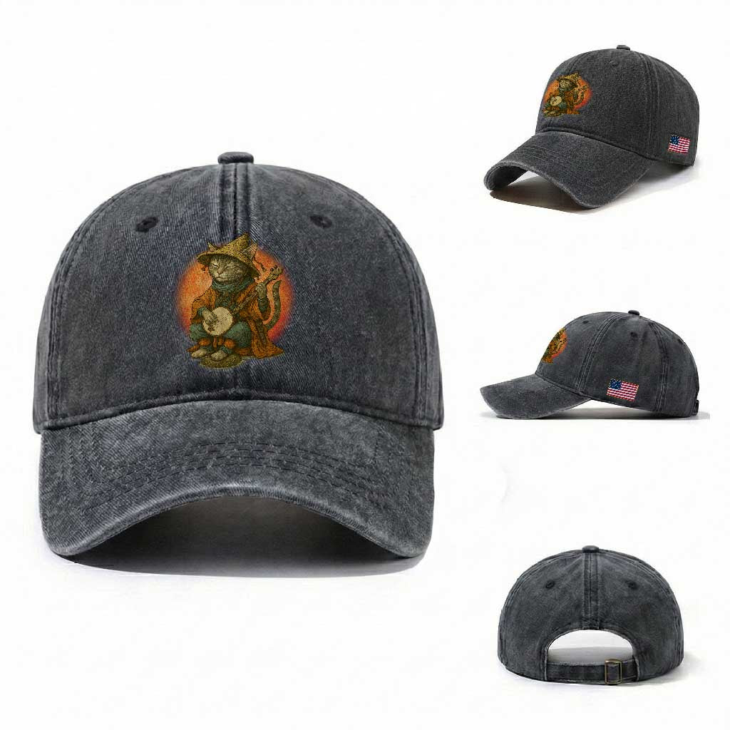 Japanese Samurai Cat Washed Cotton Baseball Cap Retro Cat Playing Shamisen Art TS14 Washed Cap Universal Fit Dark Gray Print Your Wear