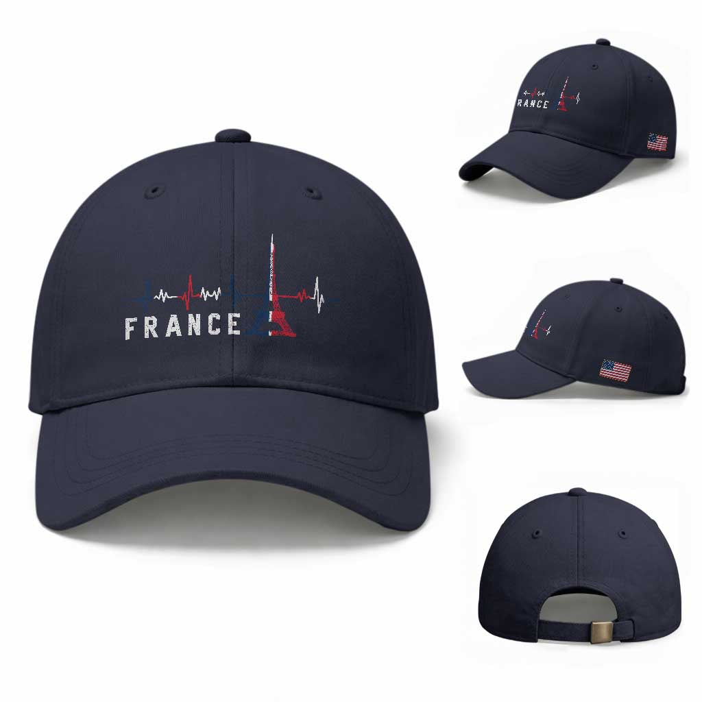 France Paris Heartbeat French Flag Eiffel Tower Souvenir Gift Baseball Cap TS14 Baseball Cap Universal Fit Navy Print Your Wear