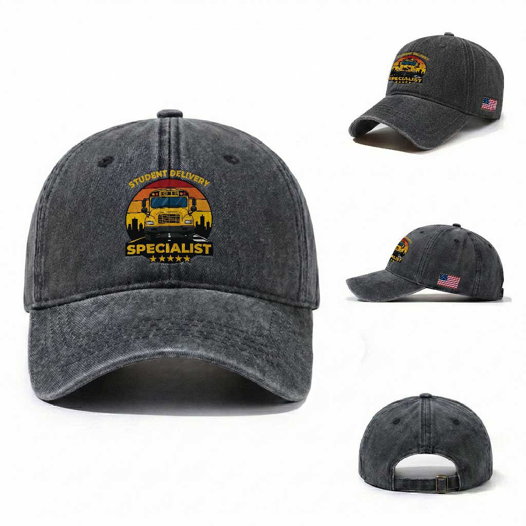 School Bus Driver Washed Cotton Baseball Cap Student Delivery Specialist TS14 Washed Cap Universal Fit Dark Gray Print Your Wear