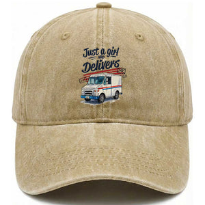 Funny Postal Worker Washed Cotton Baseball Cap Just A Girl Who Delivers TS14 Washed Cap Universal Fit Khaki Print Your Wear