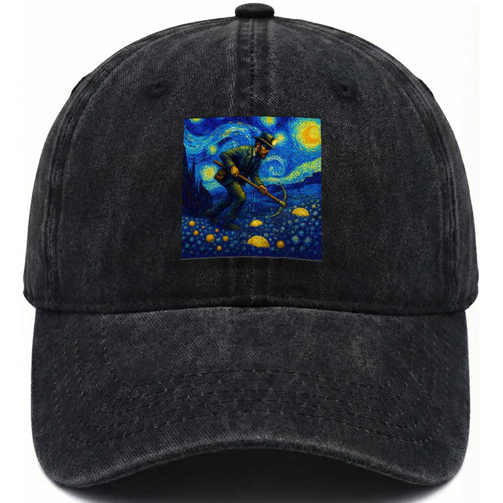 Gold Miner Starry Night Van Gogh Washed Cotton Baseball Cap TS14 Washed Cap Universal Fit Black Print Your Wear