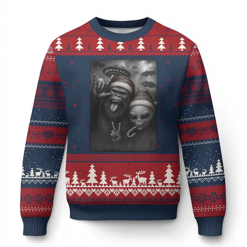Bigfoot UFO Selife Ugly Christmas Sweater Sasquatch Ailen Rock On Hand Xmas TS14 Navy Red Print Your Wear
