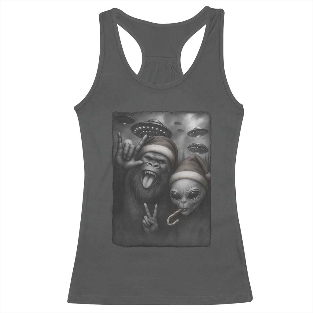 Bigfoot UFO Selife Racerback Tank Top Sasquatch Ailen Rock On Hand Christmas TS14 Dark Heather Print Your Wear