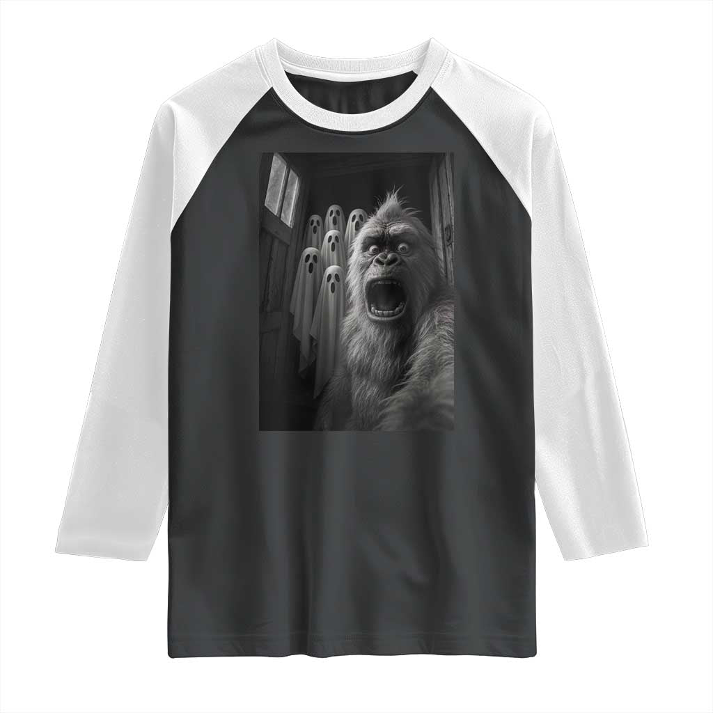 Funny Bigfoot Selfie Halloween Raglan Shirt Sasquatch Ghost Haunted House TS14 Black White Print Your Wear