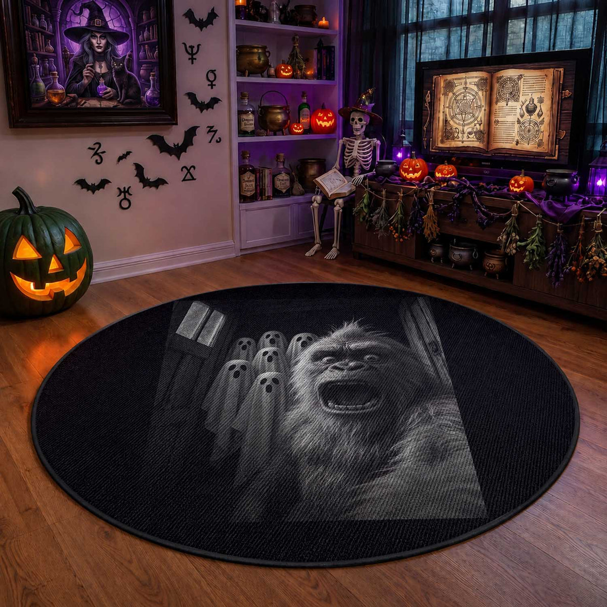 Funny Bigfoot Selfie Halloween Round Rug Sasquatch Ghost Haunted House