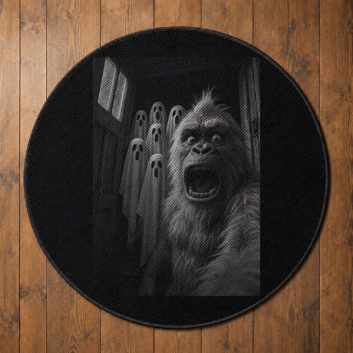 Funny Bigfoot Selfie Halloween Round Rug Sasquatch Ghost Haunted House