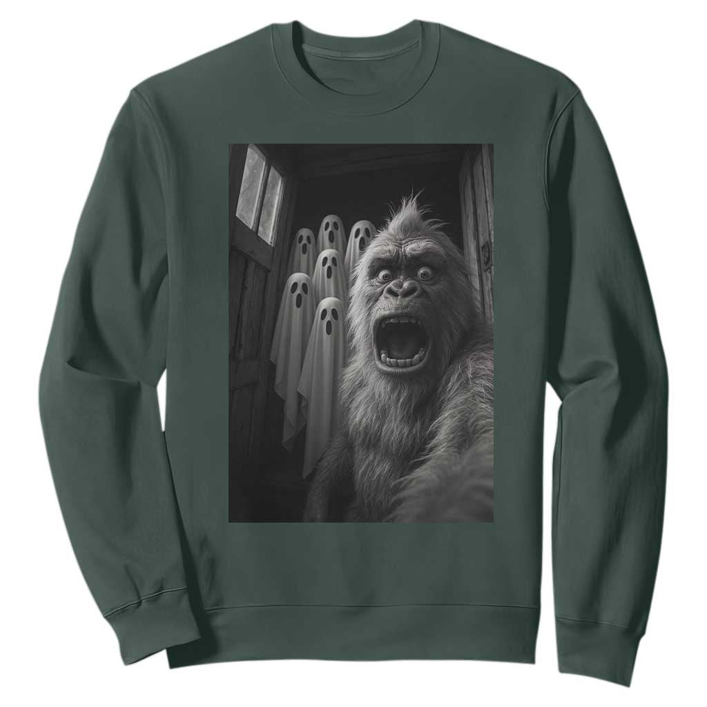 Funny Bigfoot Selfie Halloween Sweatshirt Sasquatch Ghost Haunted House TS14 Dark Forest Green Print Your Wear