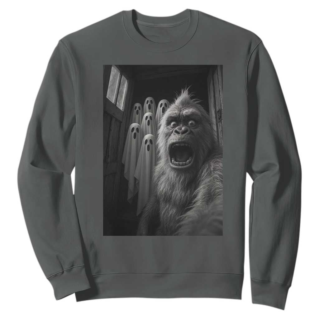 Funny Bigfoot Selfie Halloween Sweatshirt Sasquatch Ghost Haunted House TS14 Dark Heather Print Your Wear