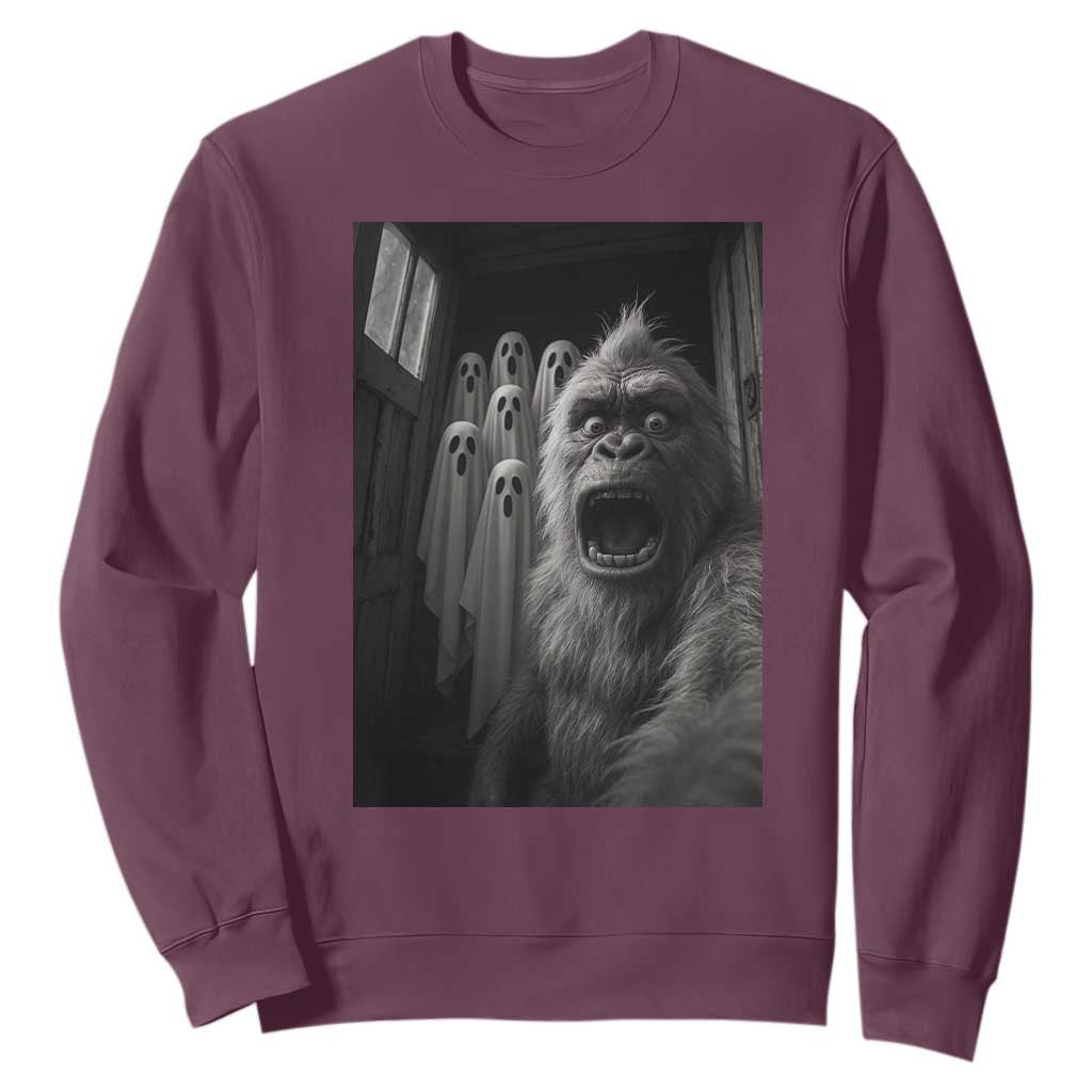 Funny Bigfoot Selfie Halloween Sweatshirt Sasquatch Ghost Haunted House TS14 Maroon Print Your Wear