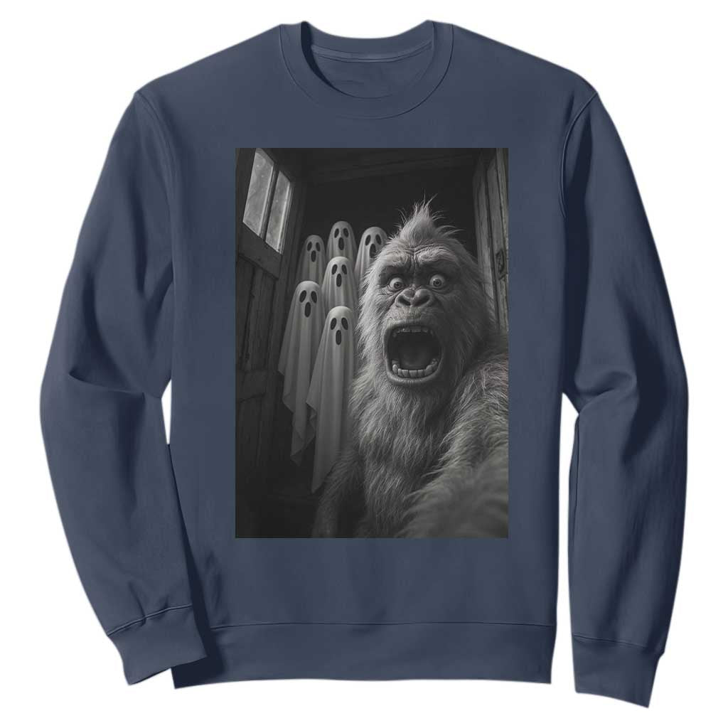 Funny Bigfoot Selfie Halloween Sweatshirt Sasquatch Ghost Haunted House TS14 Navy Print Your Wear