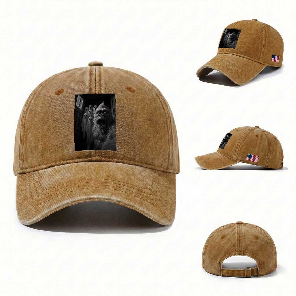 Funny Bigfoot Selfie Halloween Washed Cotton Baseball Cap Sasquatch Ghost Haunted House TS14 Washed Cap Universal Fit Yellow Ochre Print Your Wear