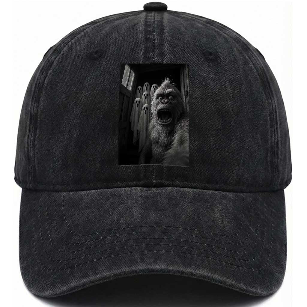 Funny Bigfoot Selfie Halloween Washed Cotton Baseball Cap Sasquatch Ghost Haunted House TS14 Washed Cap Universal Fit Black Print Your Wear
