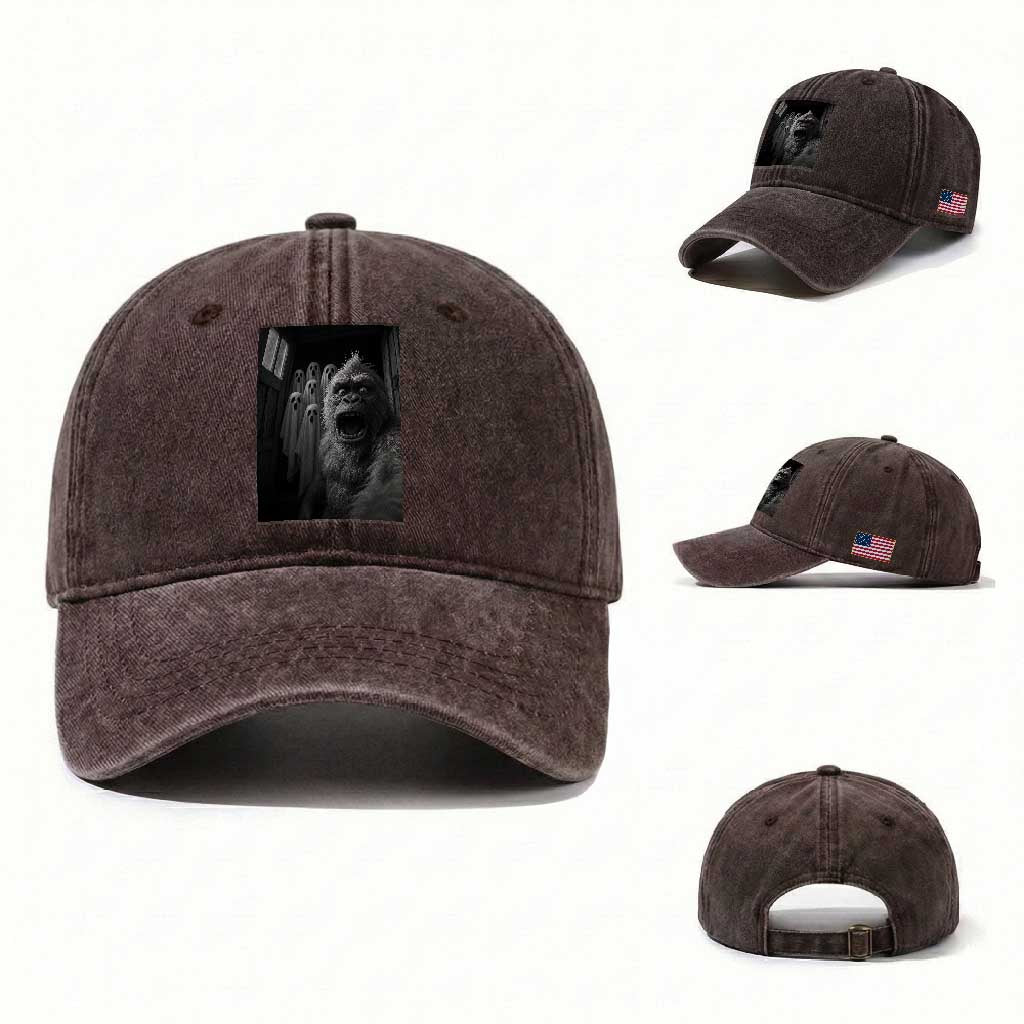 Funny Bigfoot Selfie Halloween Washed Cotton Baseball Cap Sasquatch Ghost Haunted House TS14 Washed Cap Universal Fit Dark Brown Print Your Wear