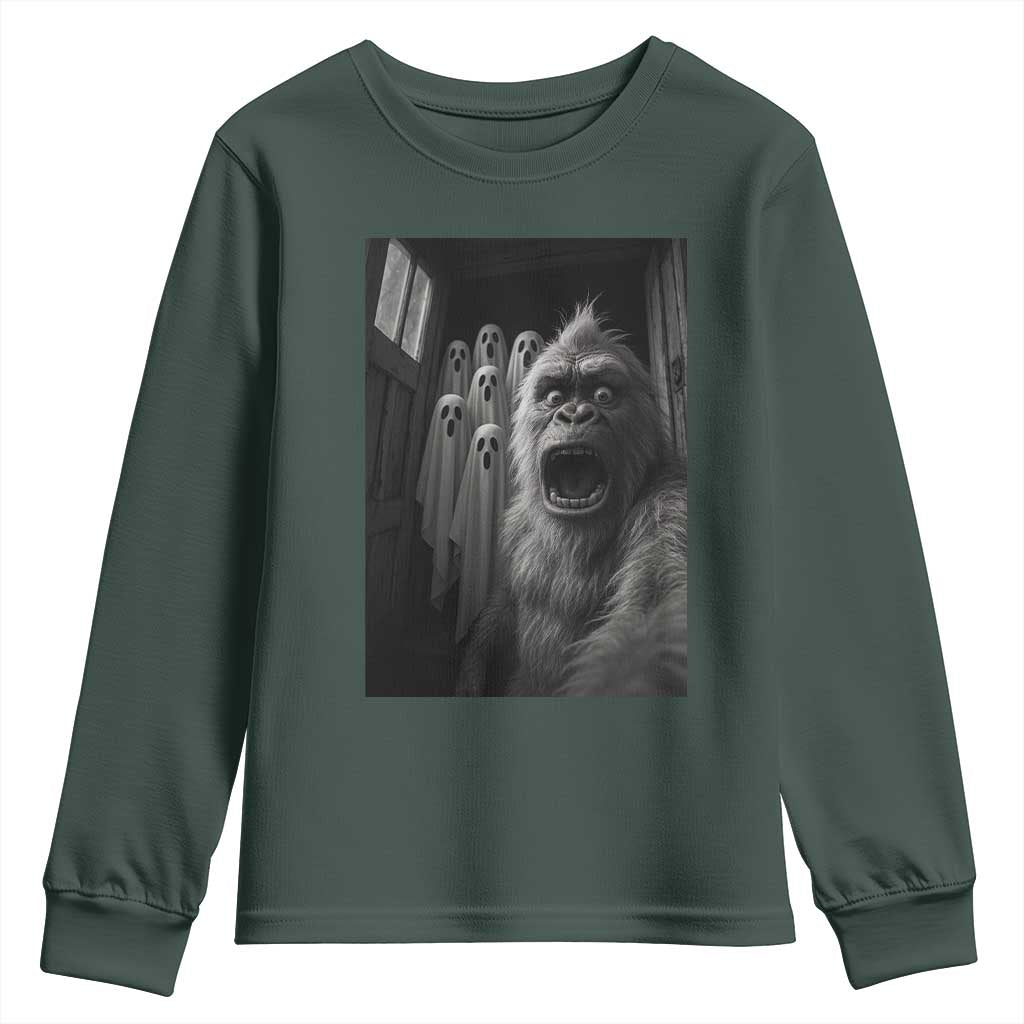 Funny Bigfoot Selfie Halloween Youth Sweatshirt Sasquatch Ghost Haunted House TS14 Dark Forest Green Print Your Wear