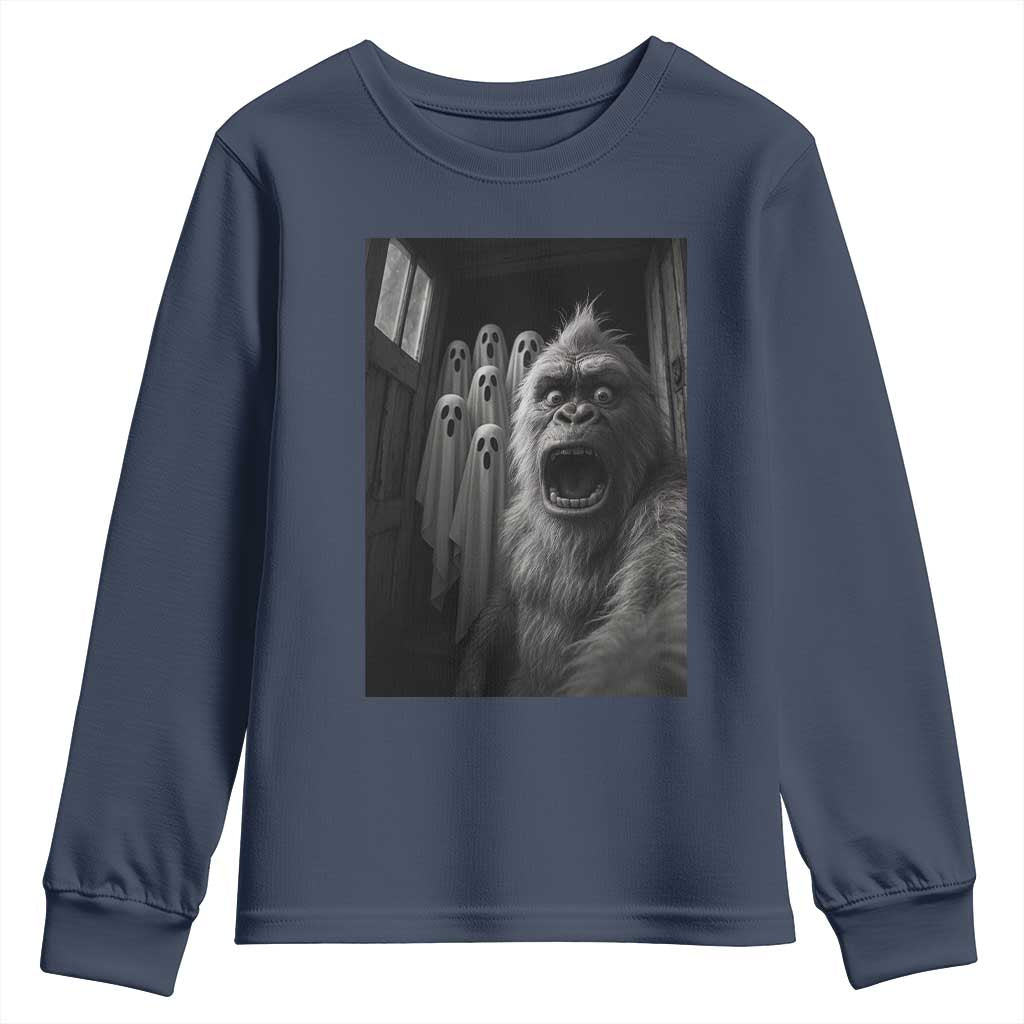 Funny Bigfoot Selfie Halloween Youth Sweatshirt Sasquatch Ghost Haunted House TS14 Navy Print Your Wear