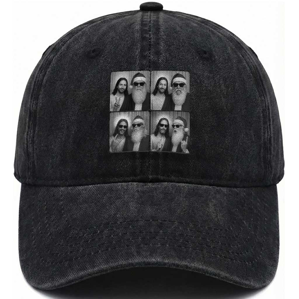 Funny Bigfoot Photobooth Christmas Washed Cotton Baseball Cap Sasquatch Jesus Christian Xmas TS14 Washed Cap Universal Fit Black Print Your Wear