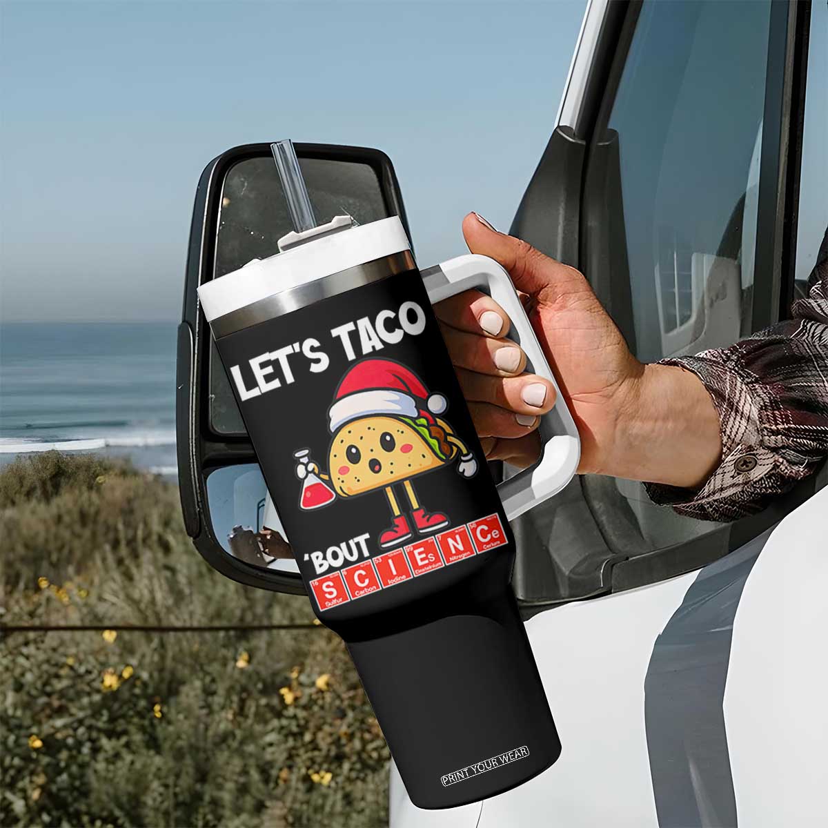 Funny Taco Mexican Christmas Tumbler With Handle Let Us Taco About Science TS14 Print Your Wear