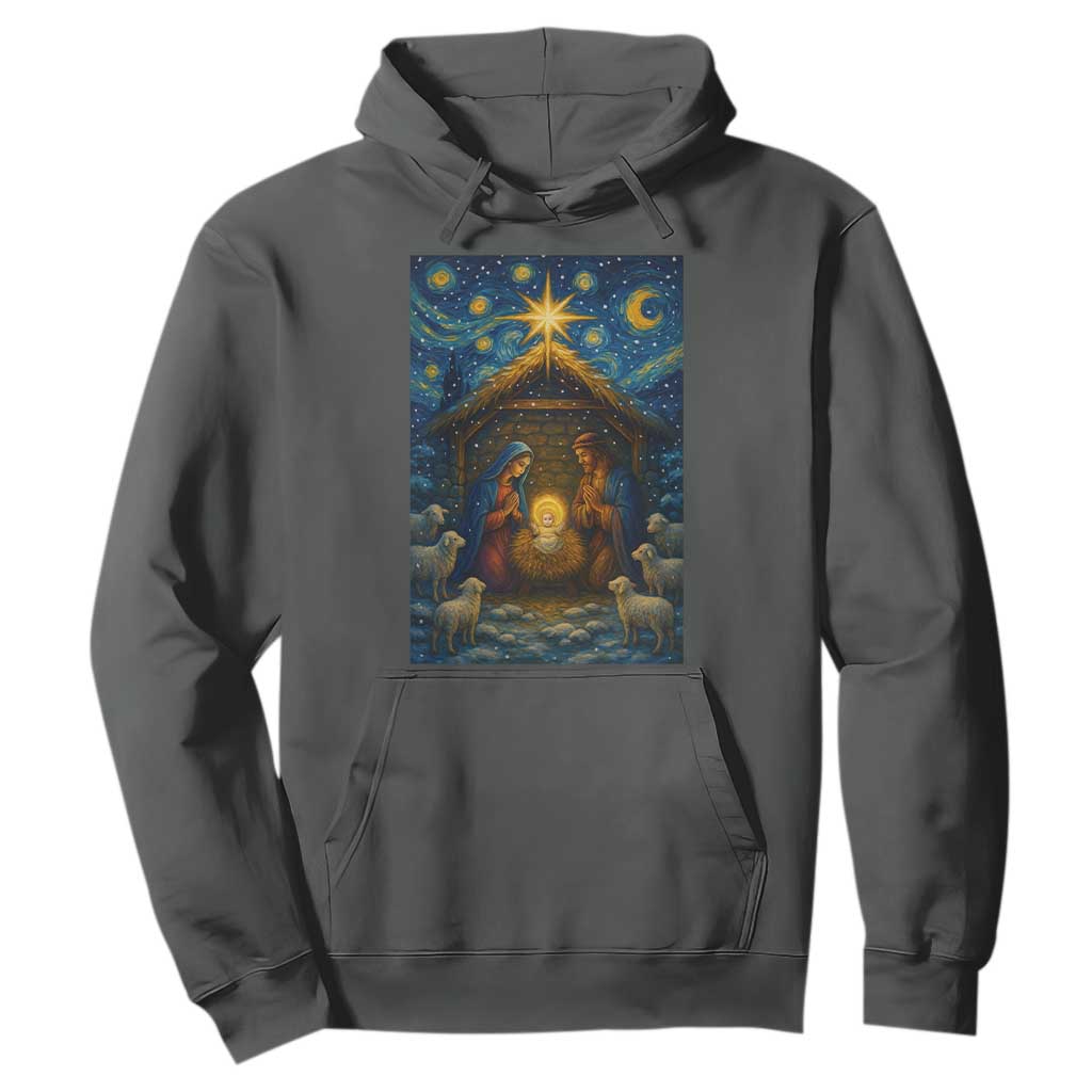 Jesus Christmas Hoodie Starry Night Nativity Scene Xmas TS14 Dark Heather Print Your Wear