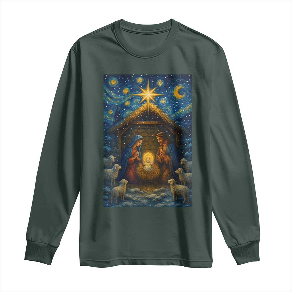 Jesus Christmas Long Sleeve Shirt Starry Night Nativity Scene Xmas TS14 Dark Forest Green Print Your Wear