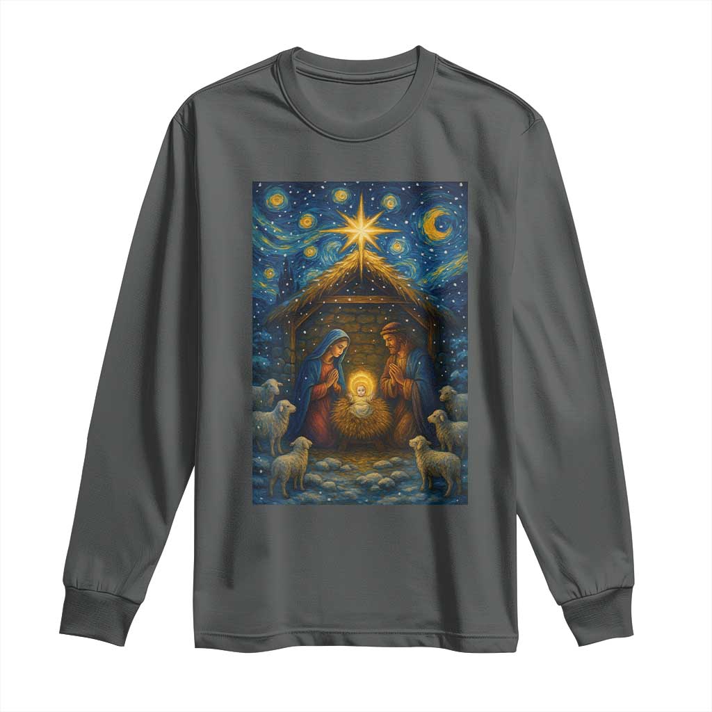 Jesus Christmas Long Sleeve Shirt Starry Night Nativity Scene Xmas TS14 Dark Heather Print Your Wear