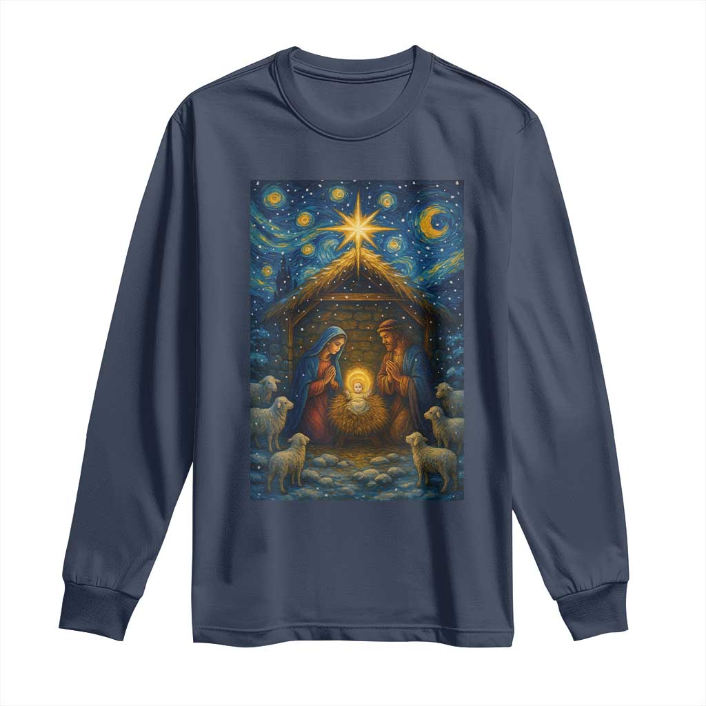 Jesus Christmas Long Sleeve Shirt Starry Night Nativity Scene Xmas TS14 Navy Print Your Wear