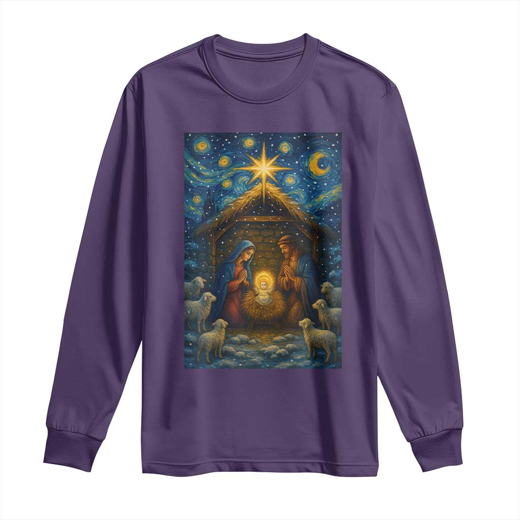 Jesus Christmas Long Sleeve Shirt Starry Night Nativity Scene Xmas TS14 Purple Print Your Wear