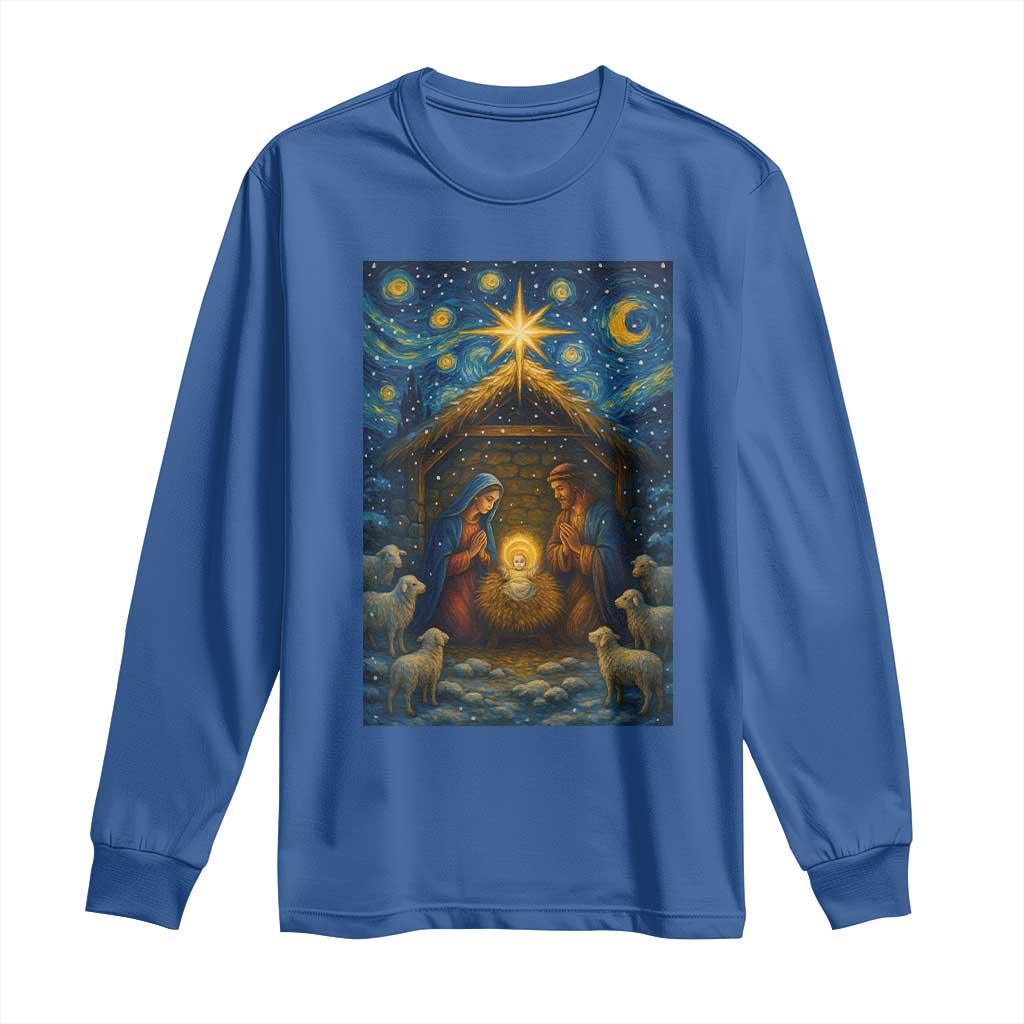 Jesus Christmas Long Sleeve Shirt Starry Night Nativity Scene Xmas TS14 Royal Blue Print Your Wear