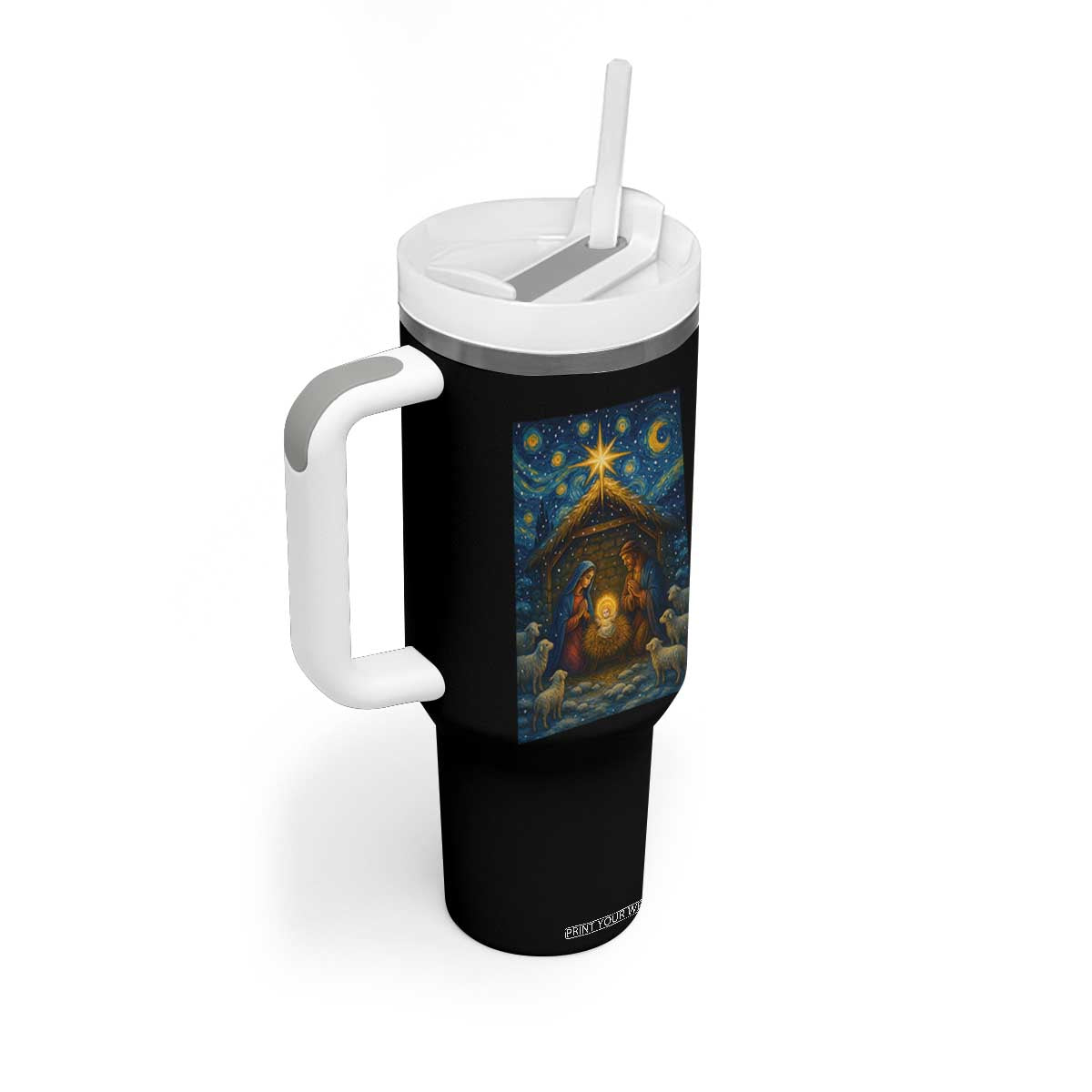 Jesus Christmas Tumbler With Handle Starry Night Nativity Scene Xmas TS14 Print Your Wear